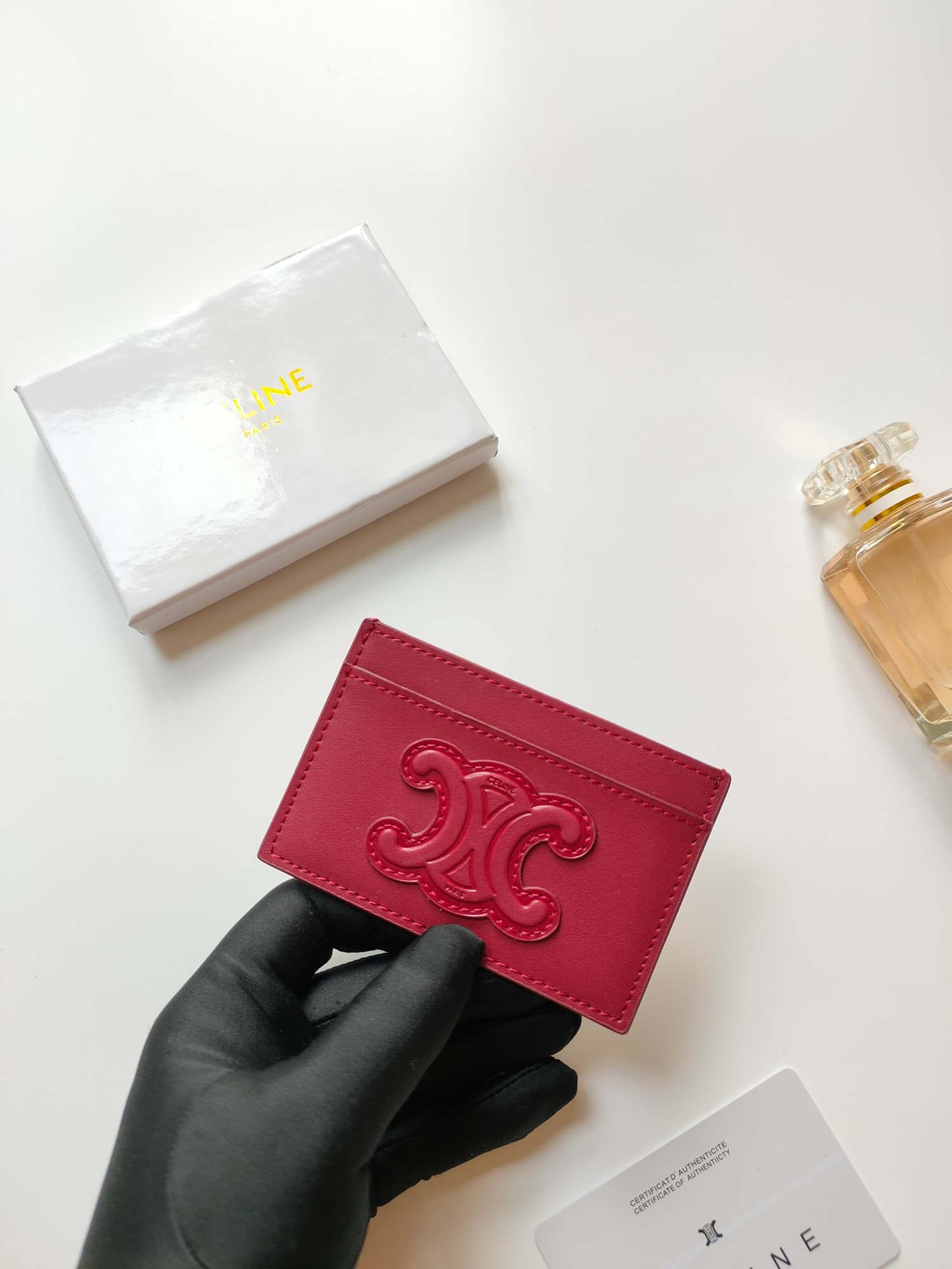 Celine Triomphe card holder in red shiny calfskin leather 10B703 High