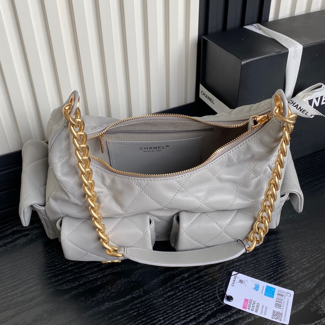 Chanel Trendy Pockets Hobo Bag Lambskin & Gold Metal Grey AS5302 A