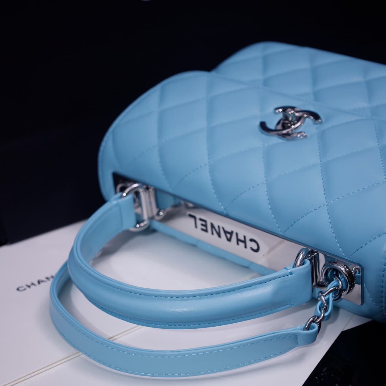 SMALL FLAP BAG WITH TOP HANDLE Lambskin Silver Metal Sky Blue A