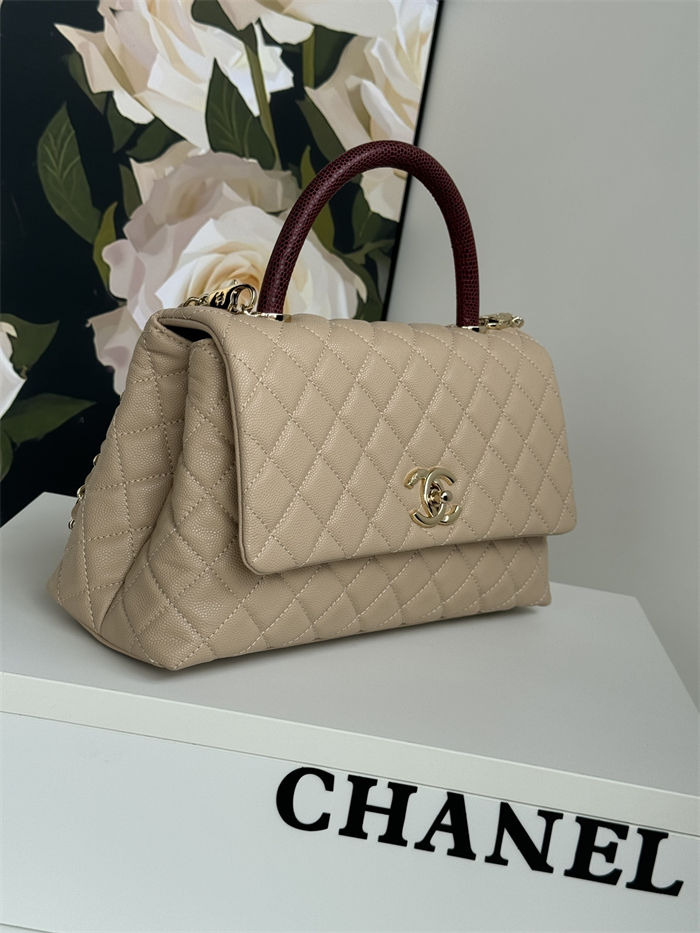 Medium FLAP BAG WITH TOP HANDLE Grained Calfskin Beige Gold Metal High