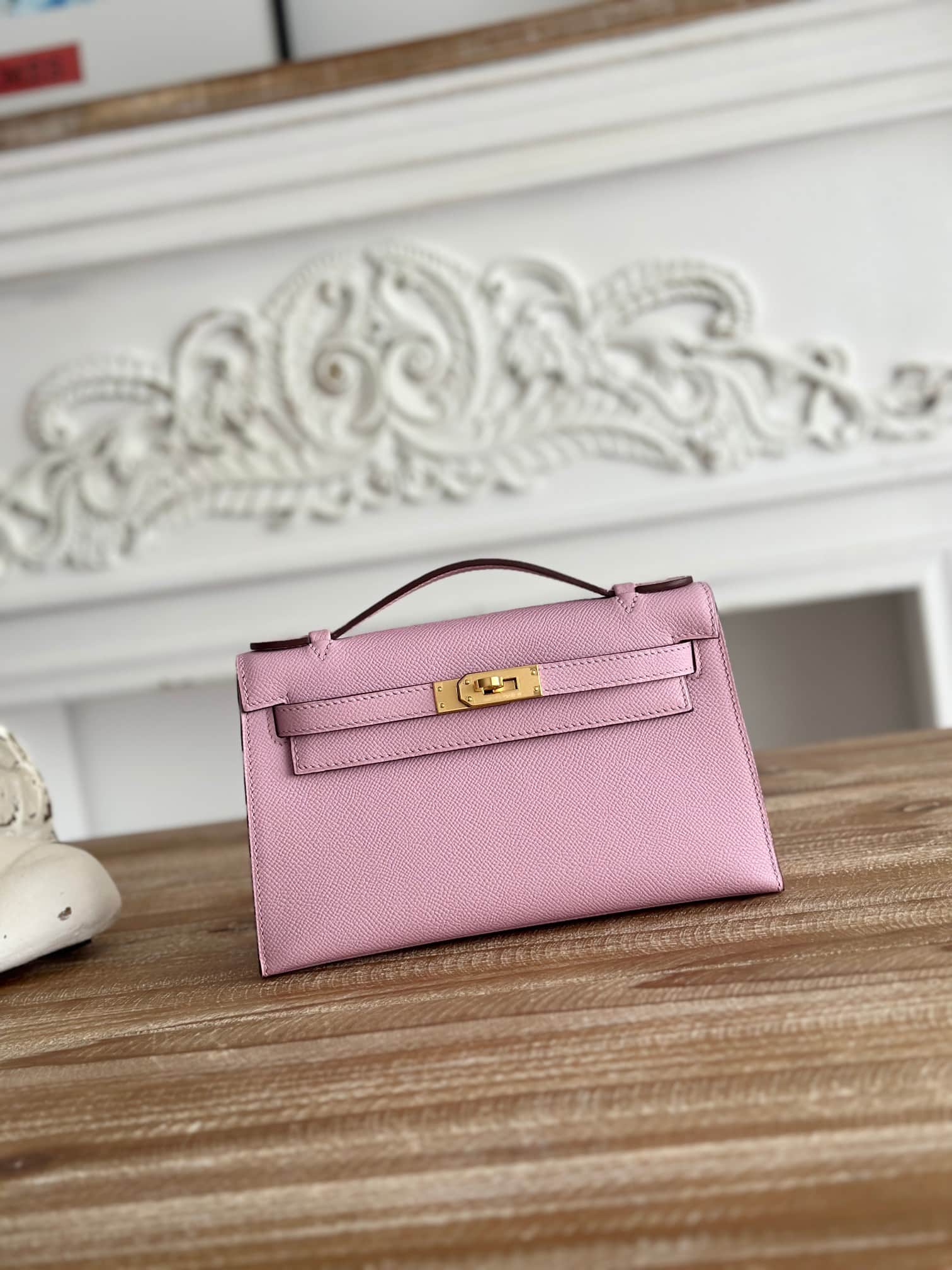 Hermes Kelly Pochette Bag Epsom Leather Silver/Gold Metal Mauve Sylvestre WAX High