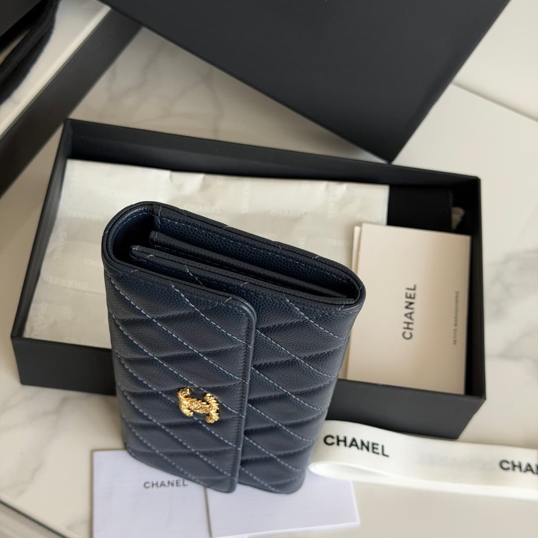 Chanel Wallet Shiny Grained Calfskin Strass & Gold-Tone Metal Dark Blue AP5076 High