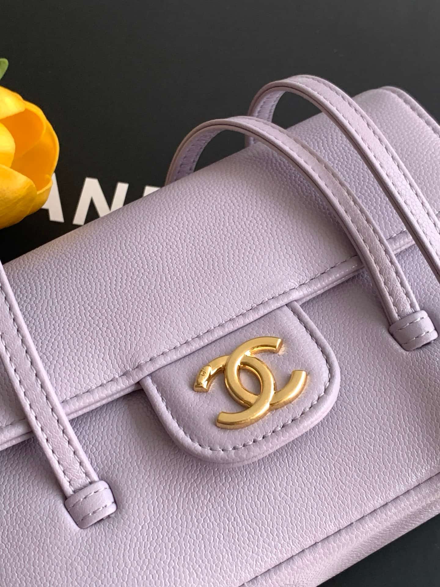 Chanel Clutch with Leather Strap Grained Shiny Calfskin & Gold-Tone Metal Purple AP5068 A