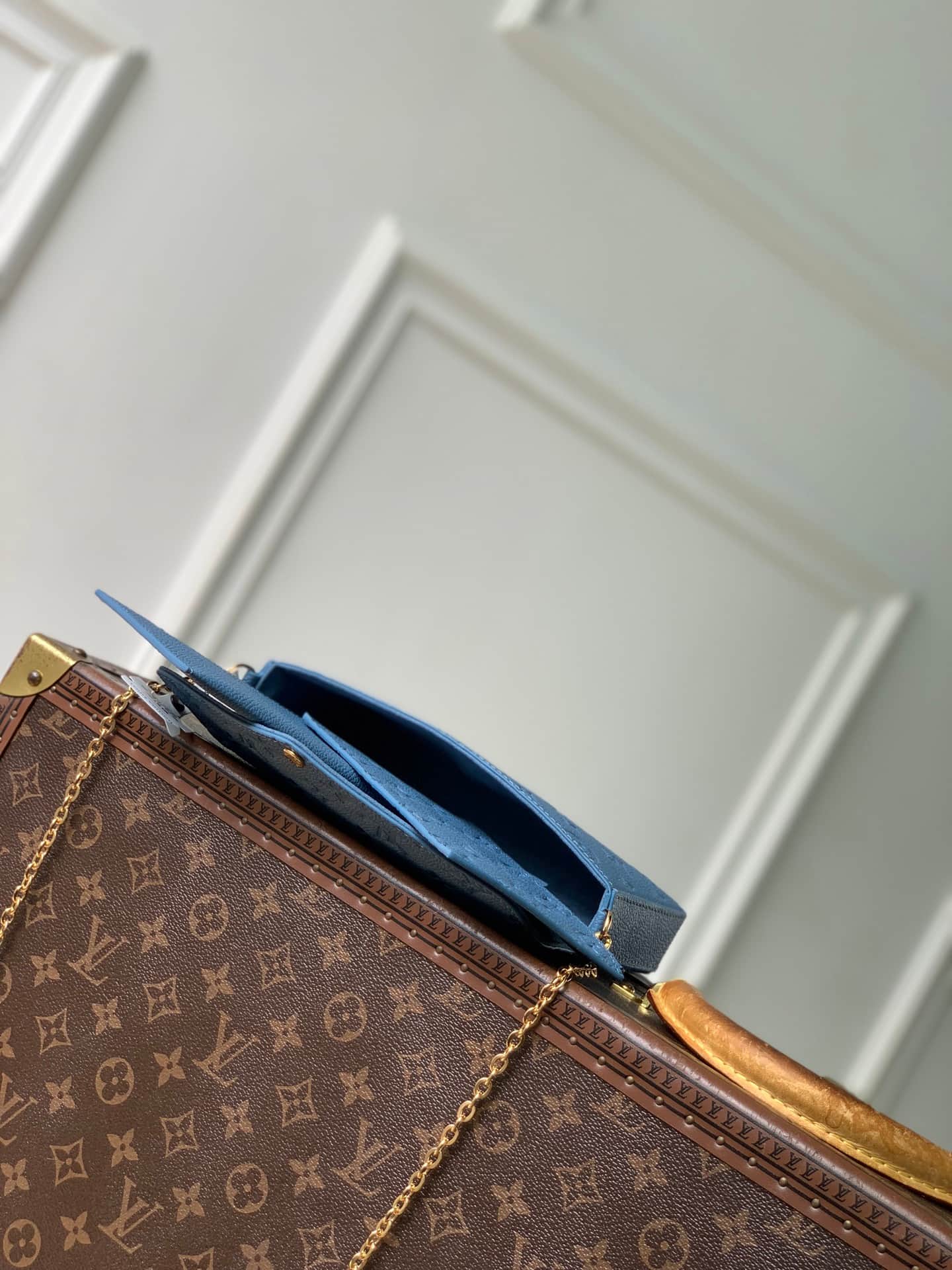 Louis Vuitton Pochette Félicie Denim Blue Embossed grained cowhide leather M28891 High