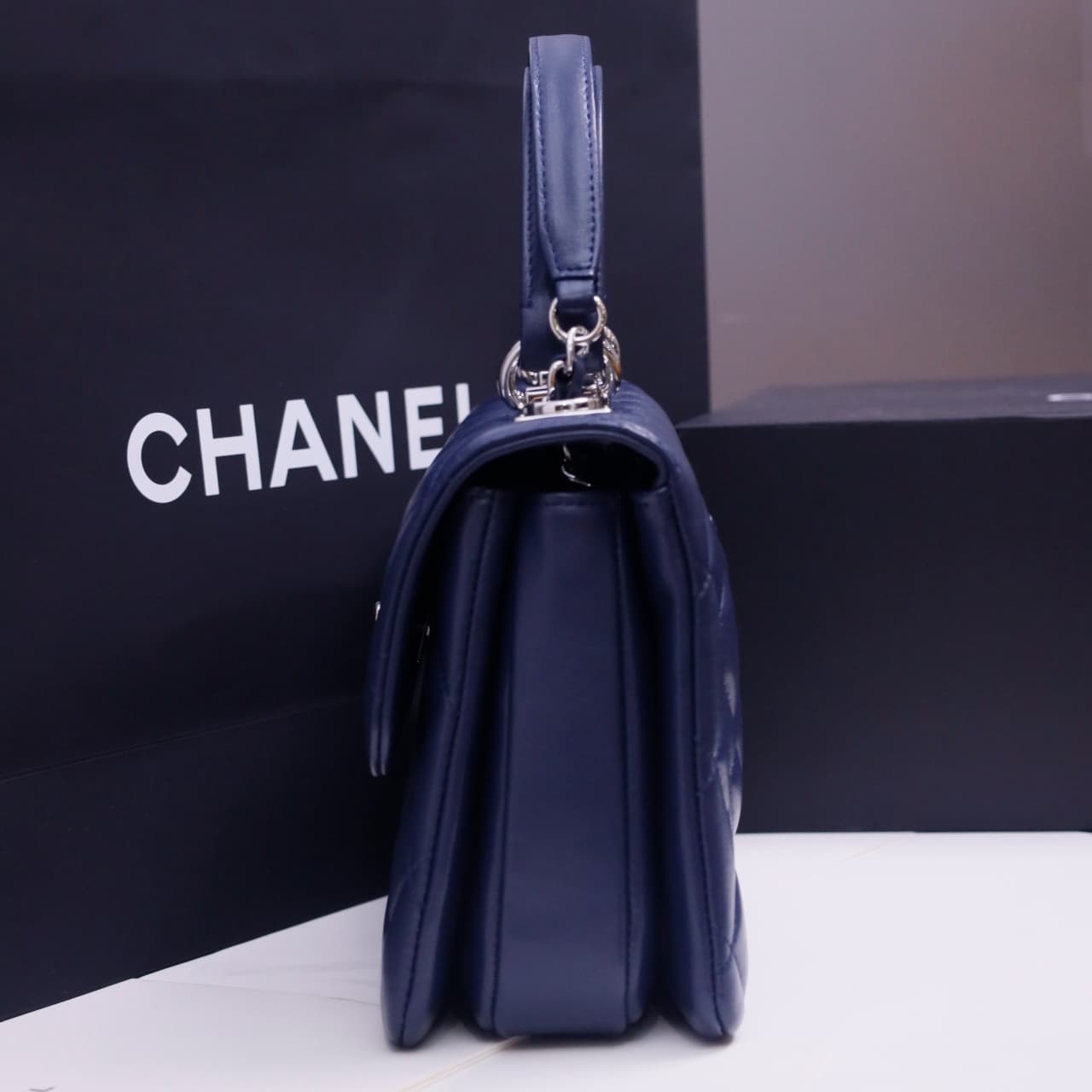 SMALL FLAP BAG WITH TOP HANDLE Lambskin Silver Metal Drak Blue A