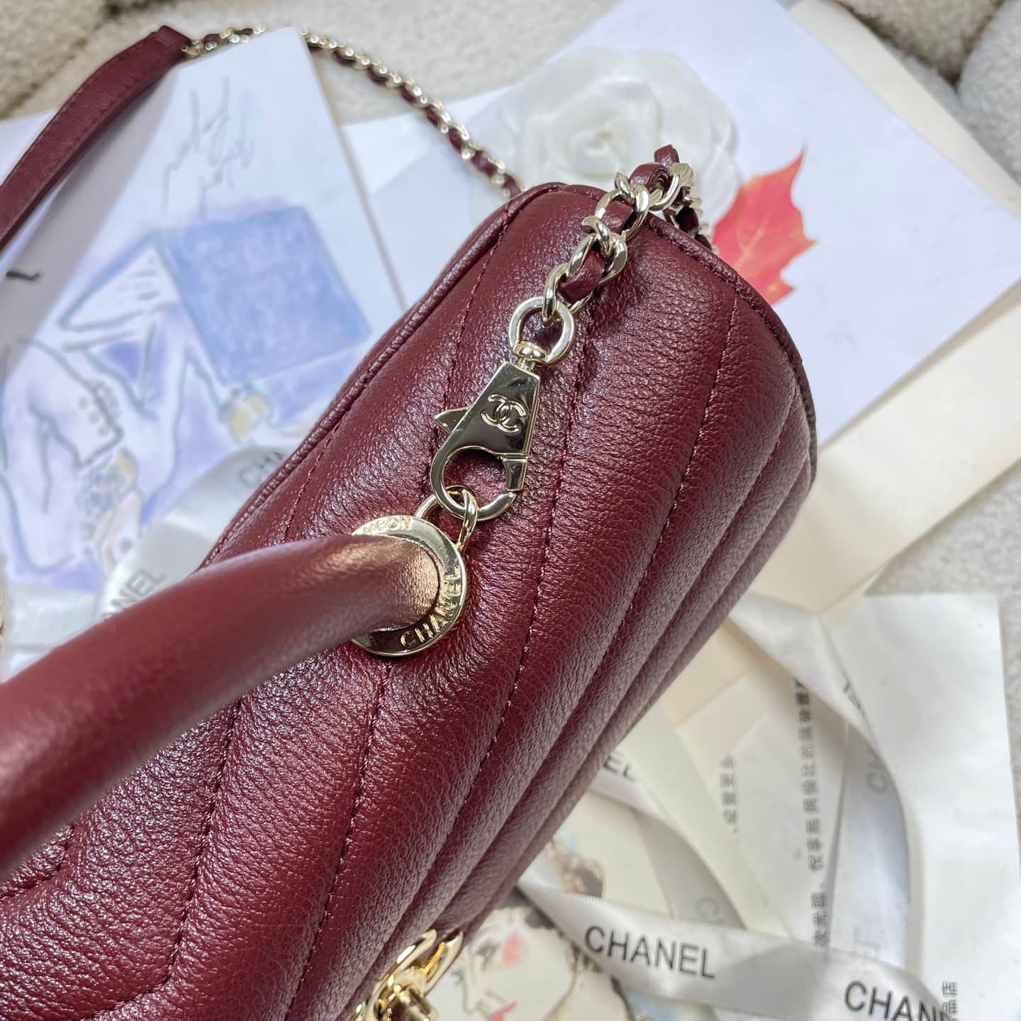 Chanel Maxi Flap Bag with Top Handle Calfskin& Gold-Tone Metal AS6091 Claret A