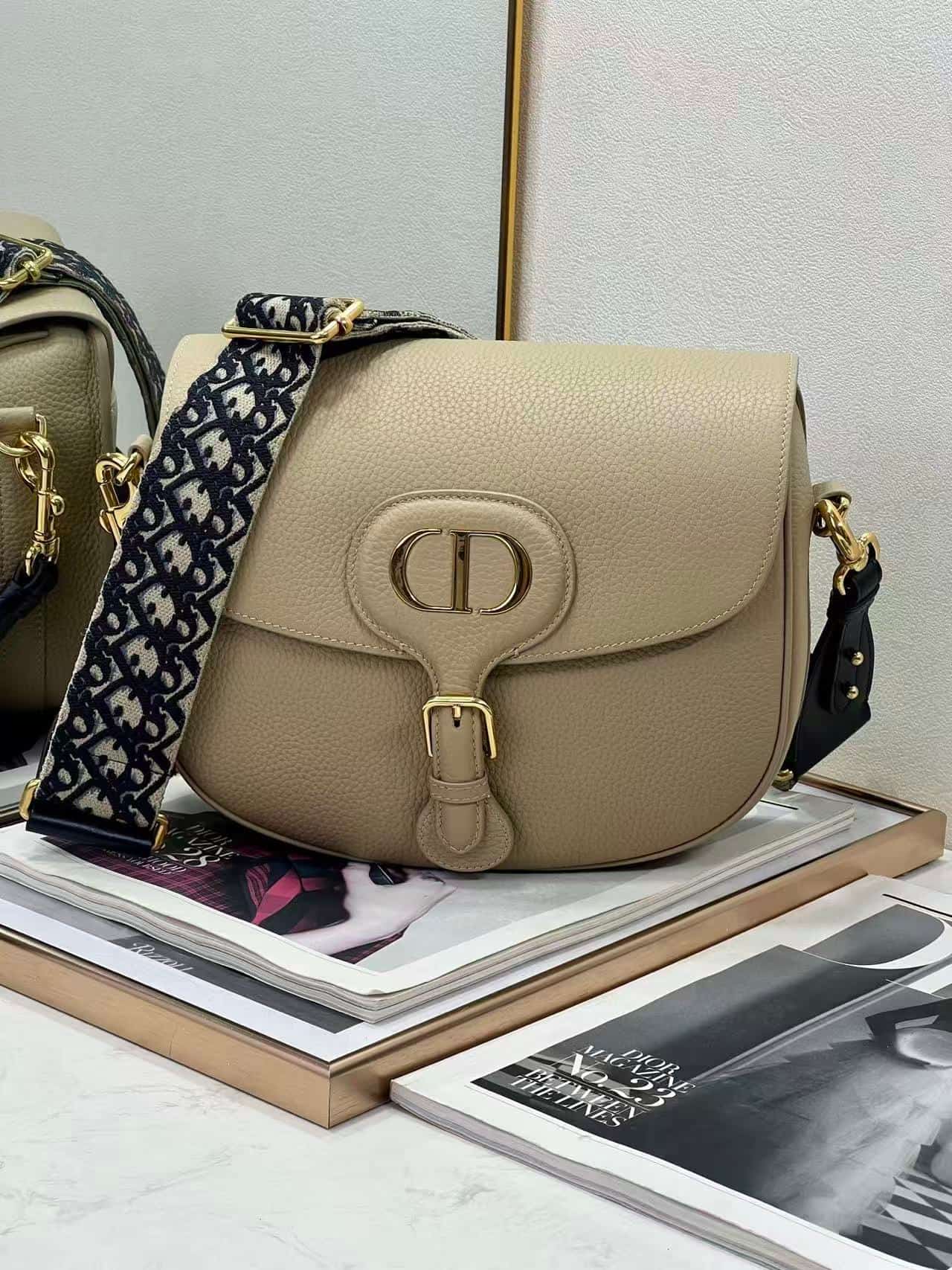 LARGE Dior BOBBY BAG Grained Calfskin with Blue Dior Oblique Embroidered Strap Beige High