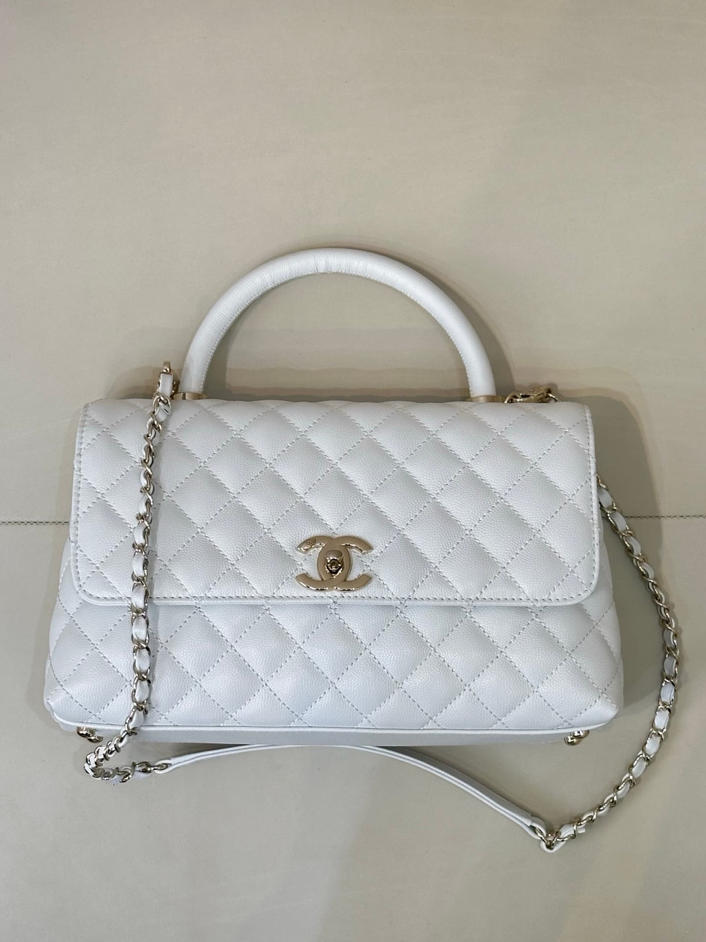 Chanel Medium FLAP BAG WITH TOP HANDLE Grained Calfskin Gold Metal A92991 TOP