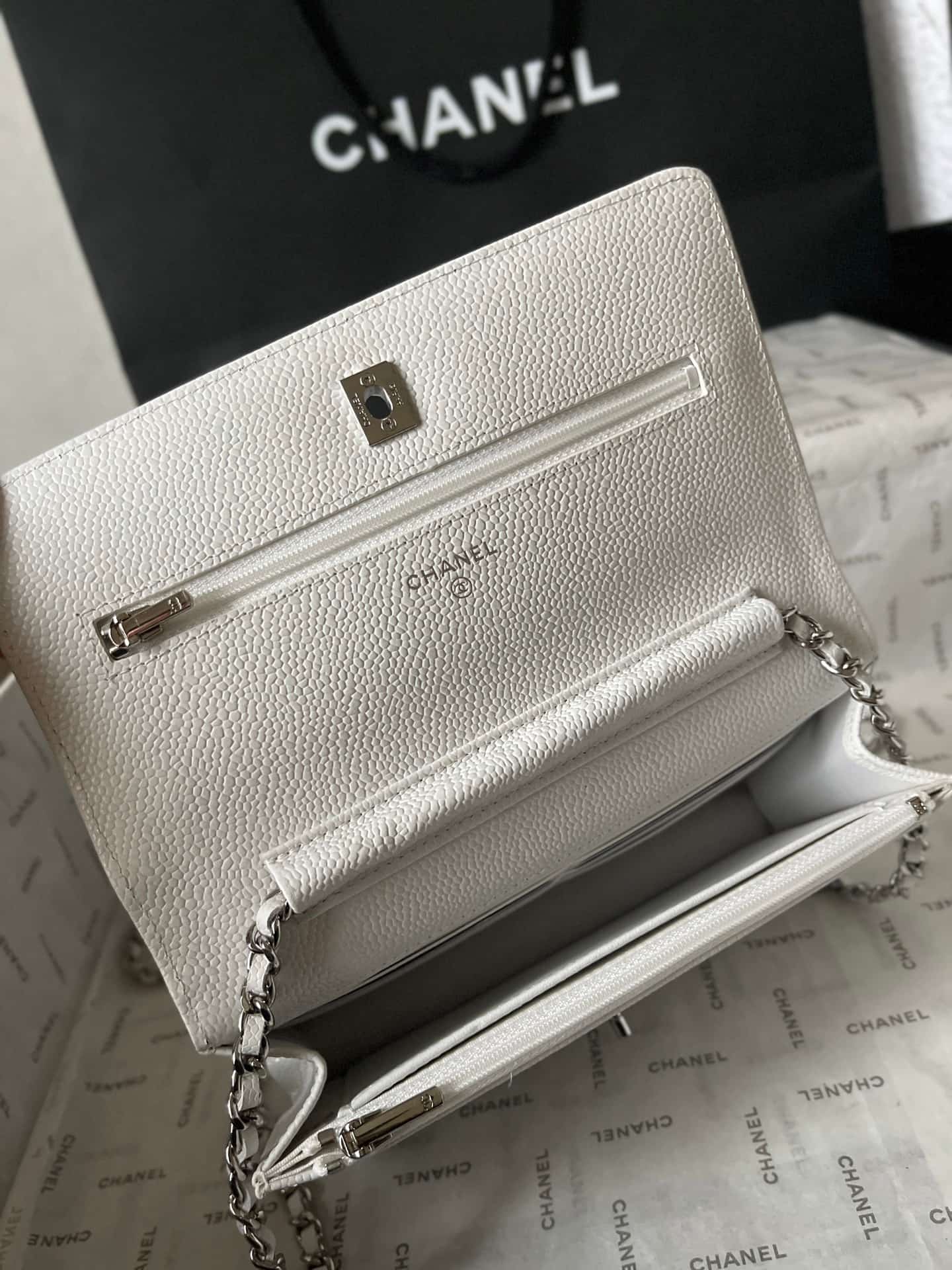 Chanel Classic Wallet on Chain Grained Shiny Calfskin & Silver-Tone Metal AP4241 White A