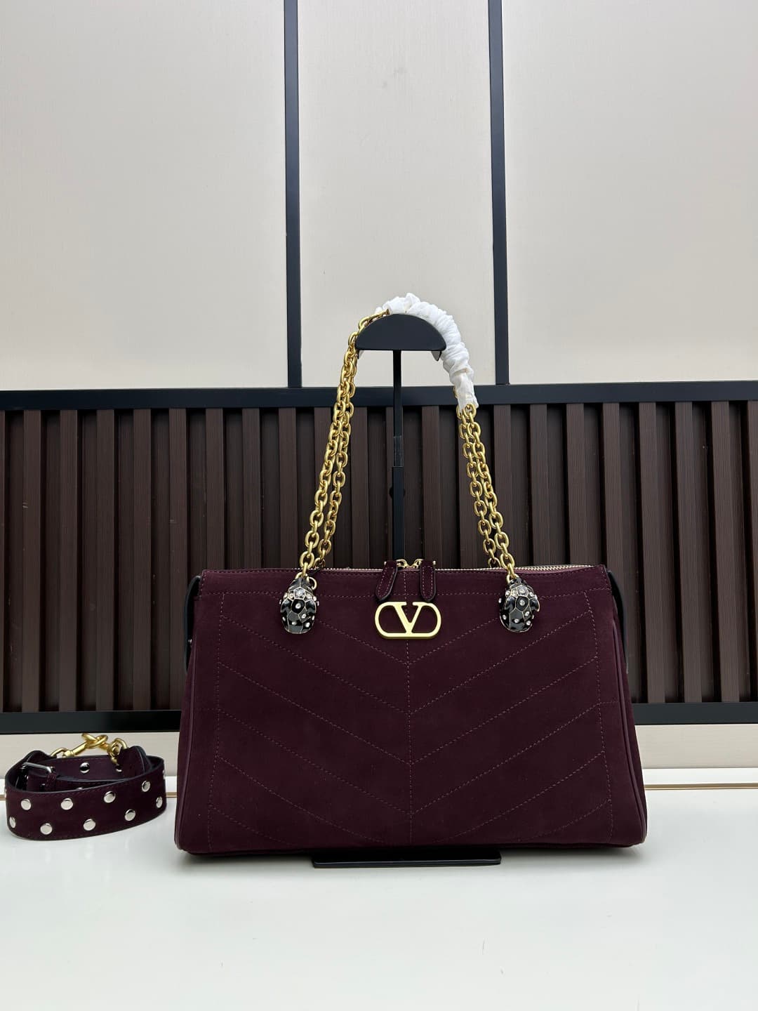 Valentino VLogo Garavani Panthea Shoulder Bag Burgundy Suede Mid
