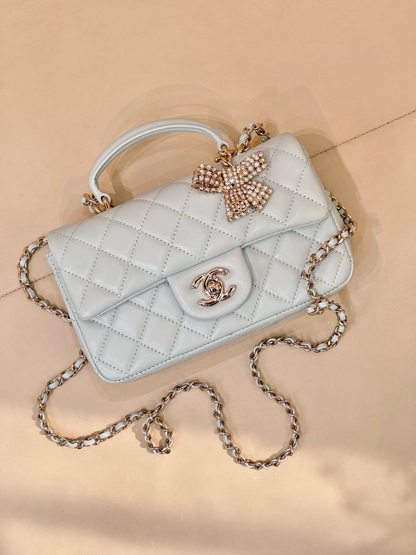 Chanel Mini Classic Handbag Lambskin Strass & Gold-Tone Metal AS2431 light blue TOP
