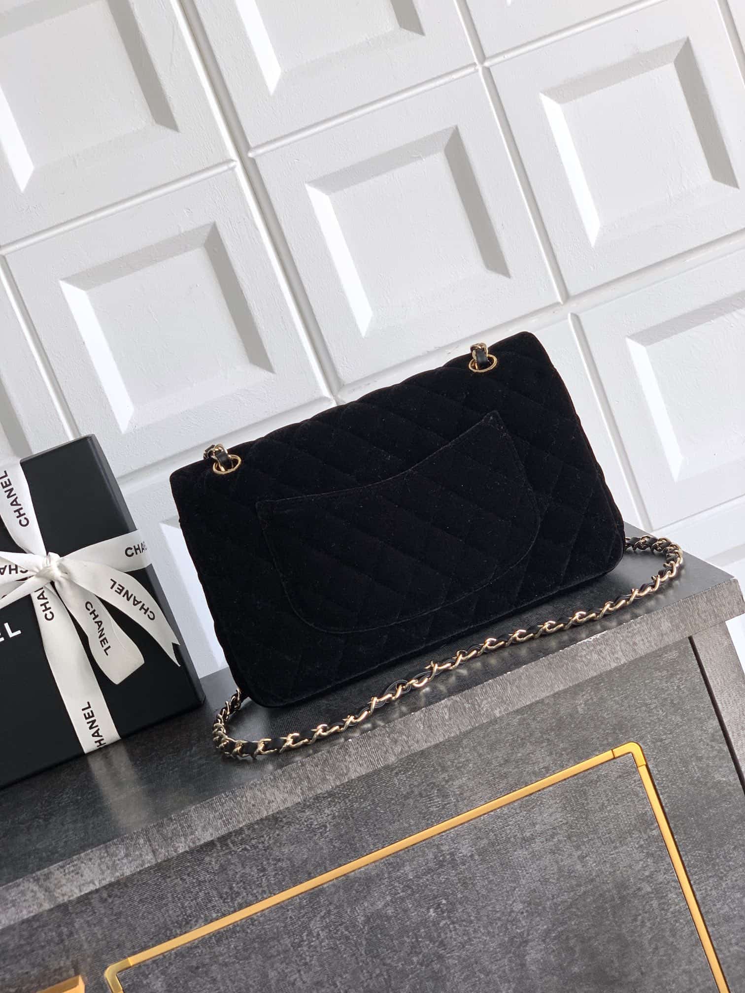 Chanel Medium CLASSIC HANDBAG Velvet  & Gold-Tone Metal Black A