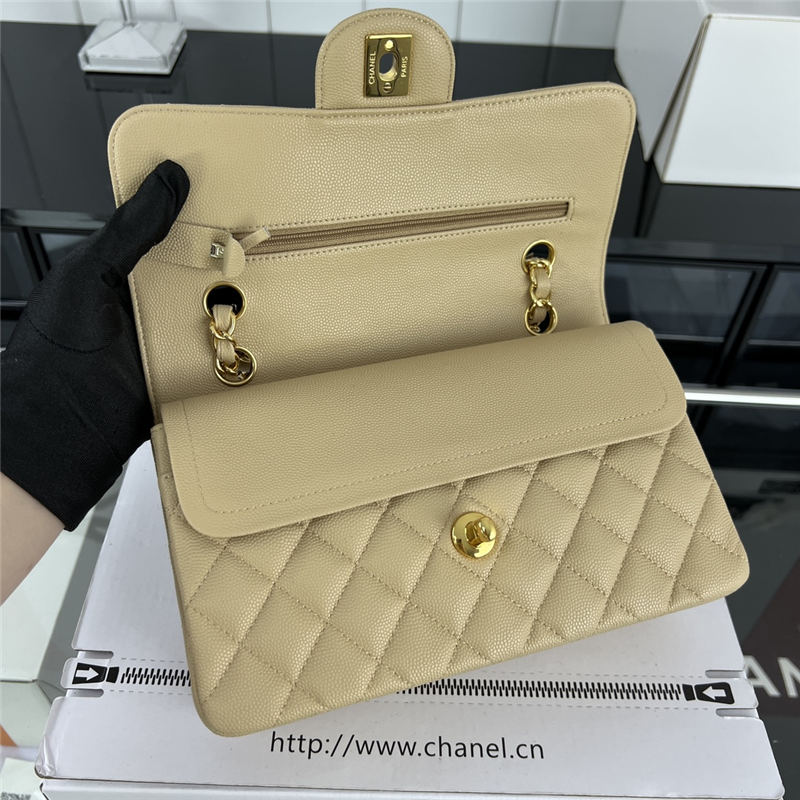 Small CLASSIC HANDBAG Grained Calfskin Gold Metal Beige-E A