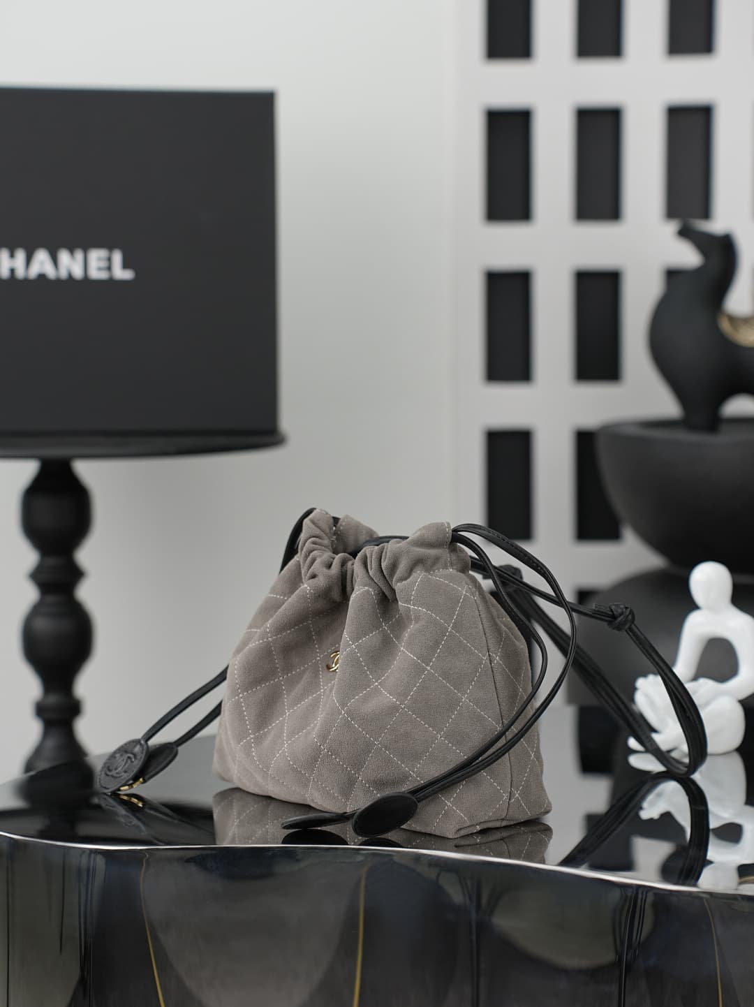 Chanel Clutch with Leather Strap grey quilted suede & Gold-tone Metal AP5228 A