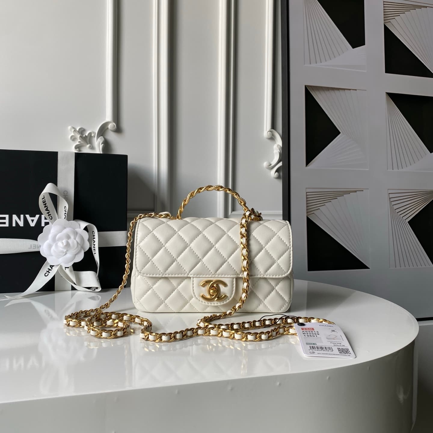 Chanel Mini Flap Bag with Top Handle Lambskin& Gold-tone Metal White AS5813 A