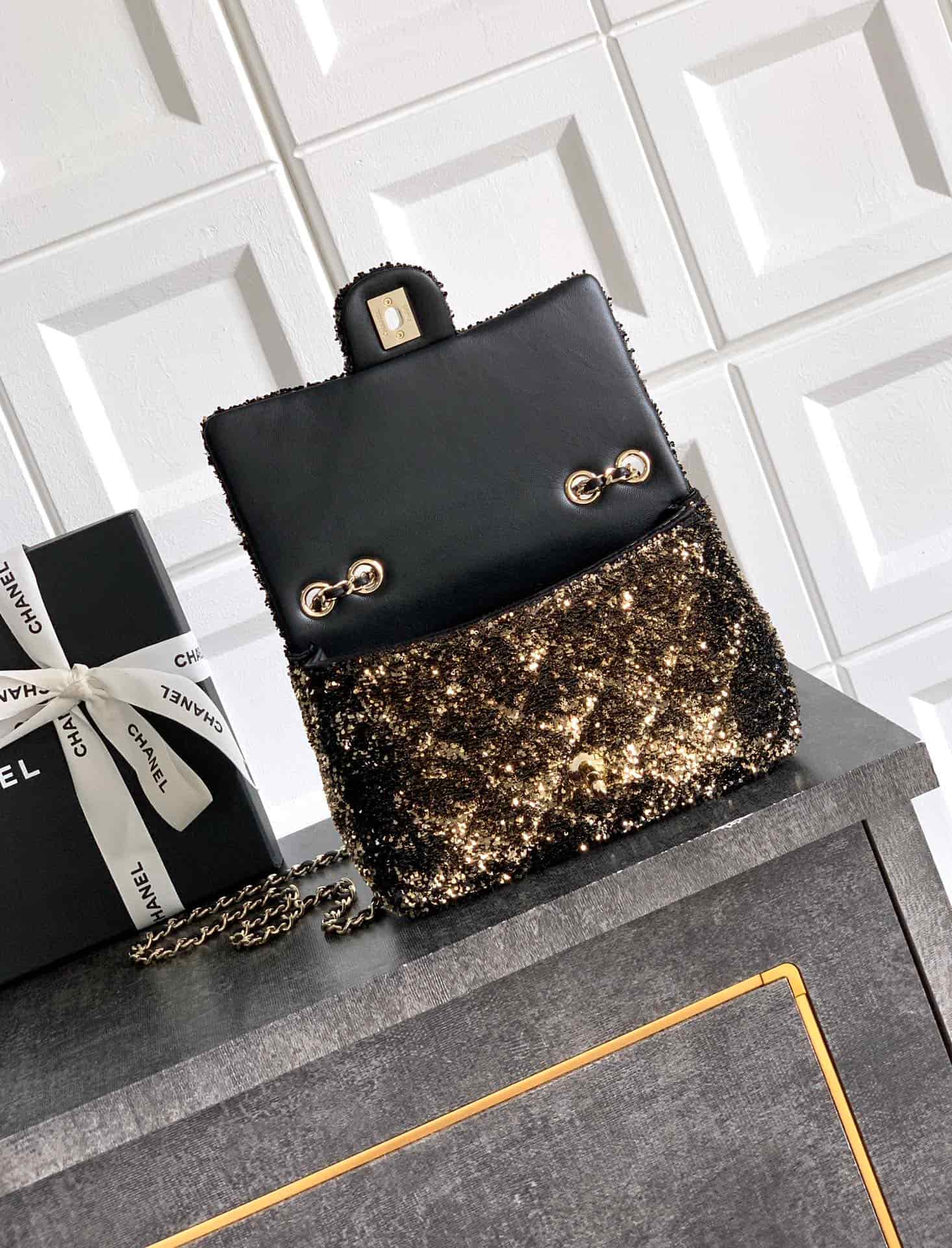 Chanel Classic Mini Flap Bag Sequin Embroidery & Gold-Tone Metal Dark Gold 6171 A