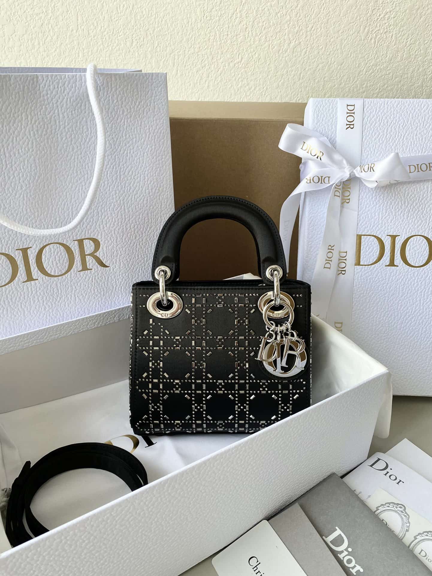 Christian Lady Dior Bag Mini Crystal Embellished Cannage Quilt Satin Black High