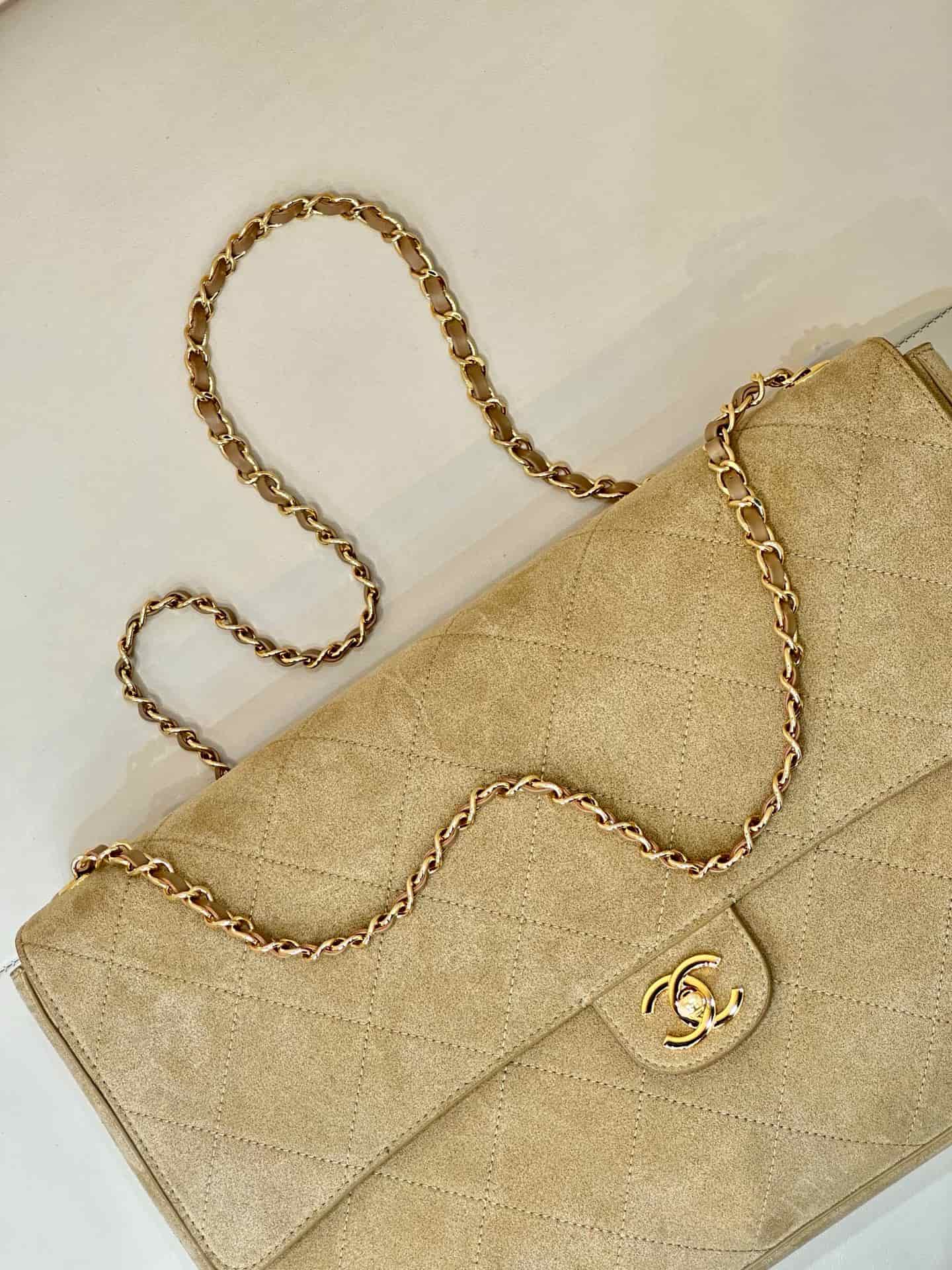 Chanel Maxi Flap bag Suede Calfskin & Gold-Tone Metal Dark Beige AS6234 TOP