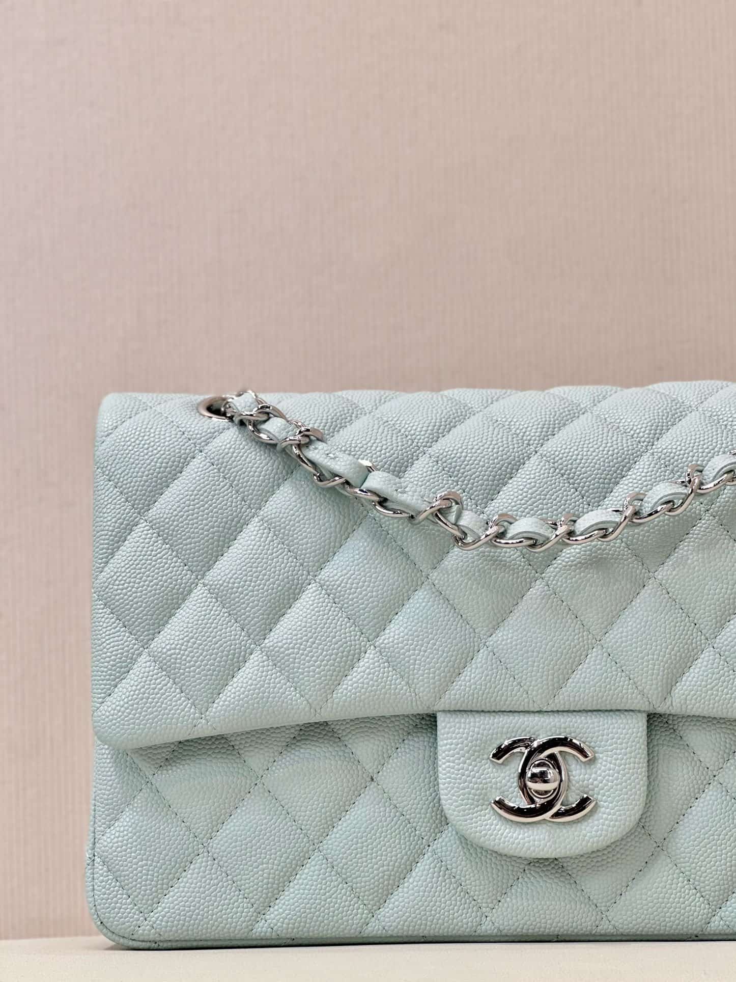 Chanel Medium CLASSIC HANDBAG Grained  Calfskin & Silver-Tone Metal Light Blue TOP