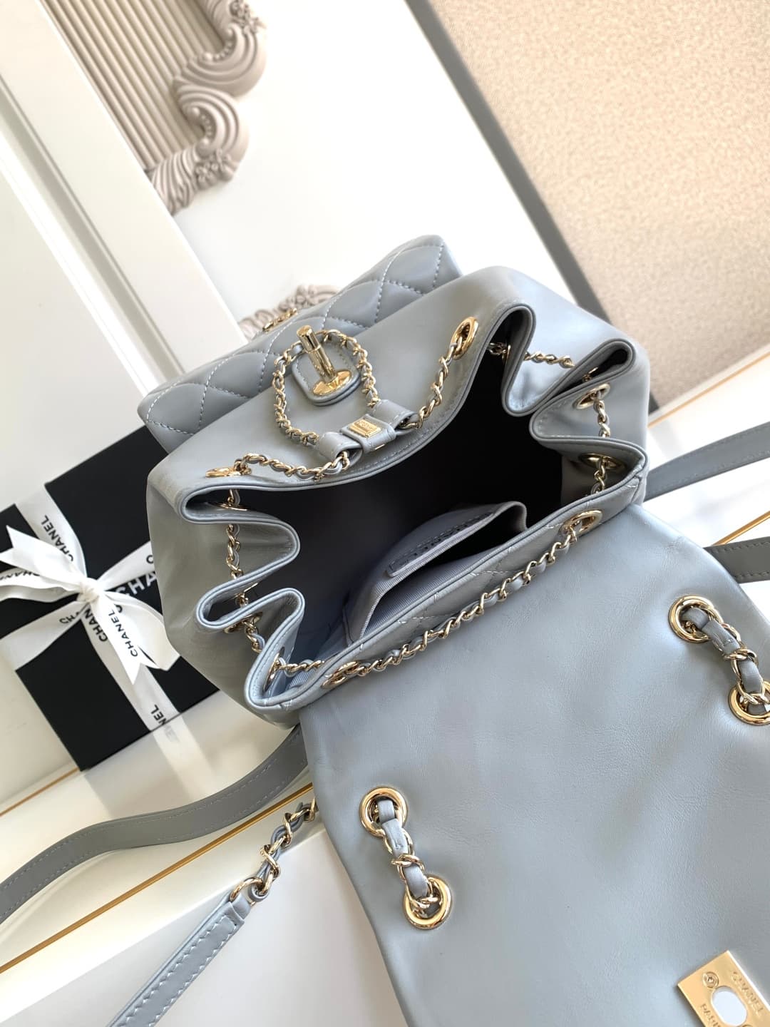 Chanel Medium Quilted Duma Backpack Lambskin AS3618 Light Grey A