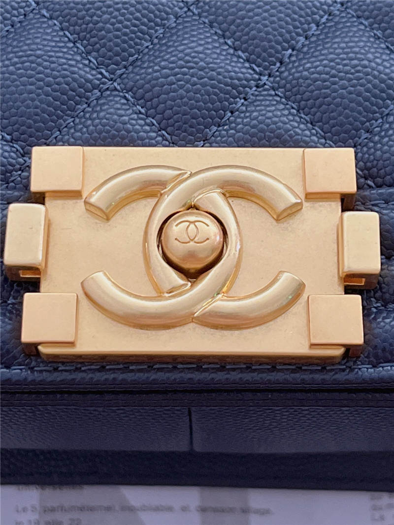 BOY Chanel HANDBAG Grained Calfskin Navy Blue Matt-Gold Metal High