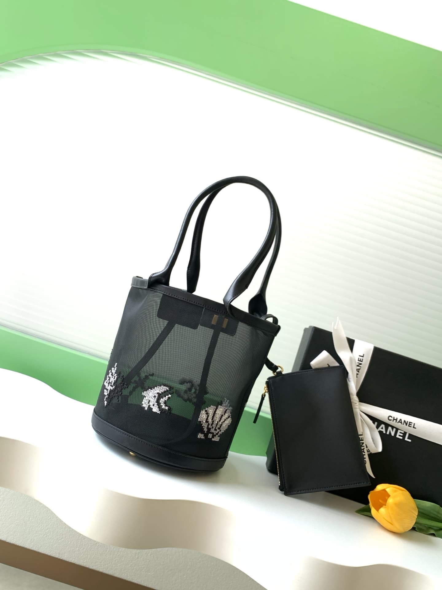 Chanel Coco Beach Large Bucket Bag Embroidered Mesh & Calfskin Transparent & Black AS6189 A