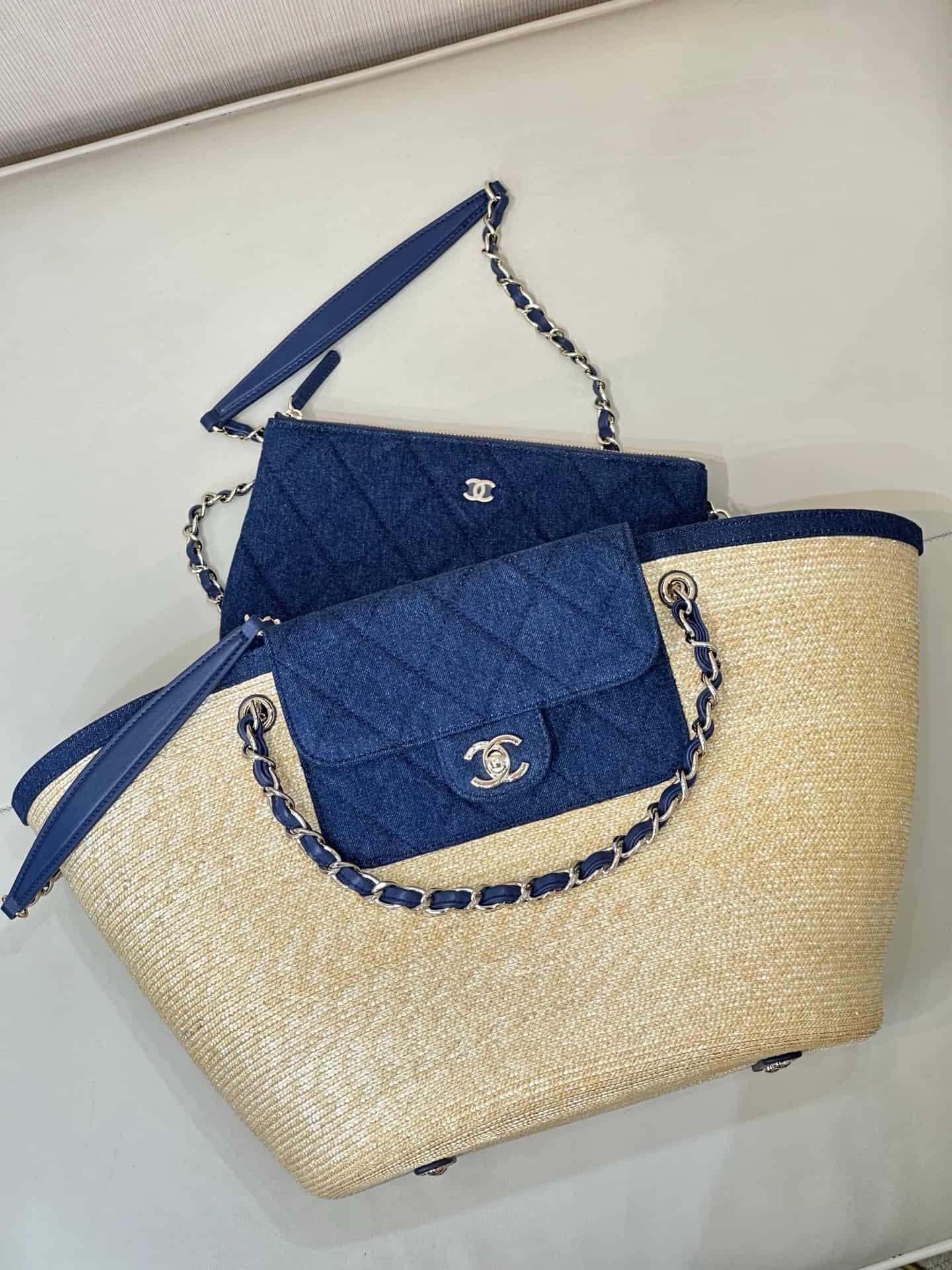 Chanel Coco Beach Shopping Bag Braided Straw Canvas Lambskin & Gold-Tone Metal Beige & Blue AS5952 TOP