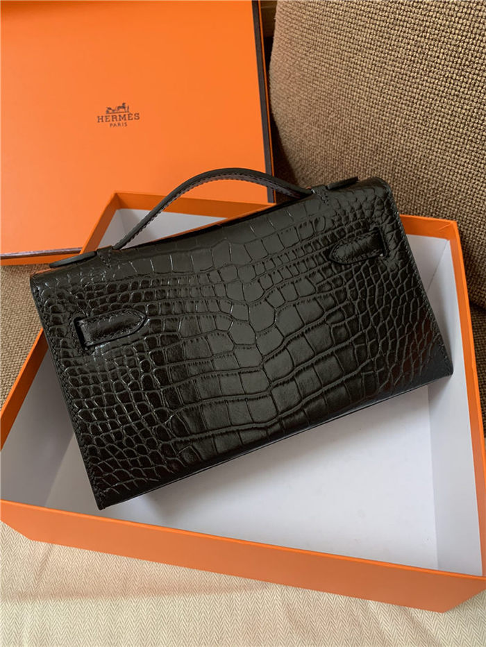 Hermes Kelly Pochette Bag Crocodile Silver/Gold Metal WAX Black High Customizing Style