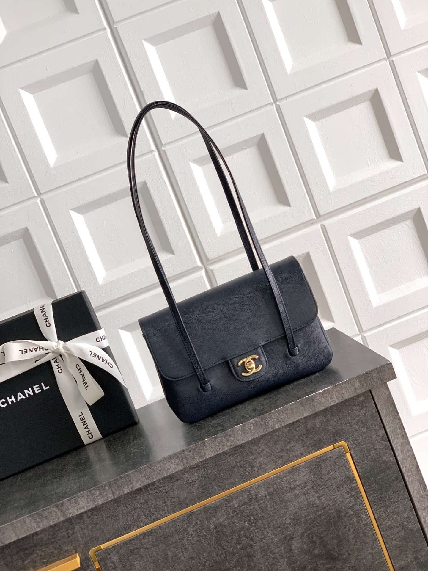 Chanel Clutch with Leather Strap Grained Shiny Calfskin & Gold-Tone Metal Navy Blue  5809 High