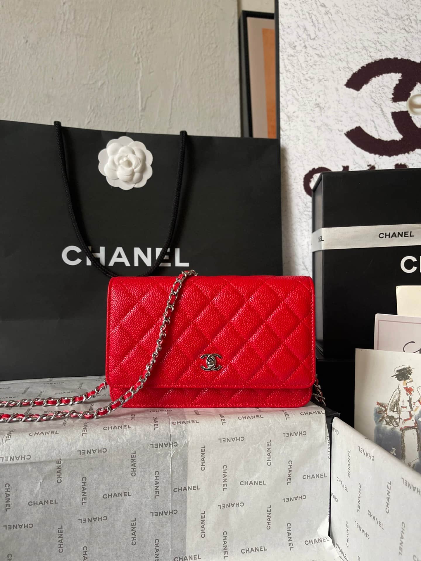 Chanel Classic Wallet on Chain Grained Shiny Calfskin & Silver-Tone Metal AP4241 Red A