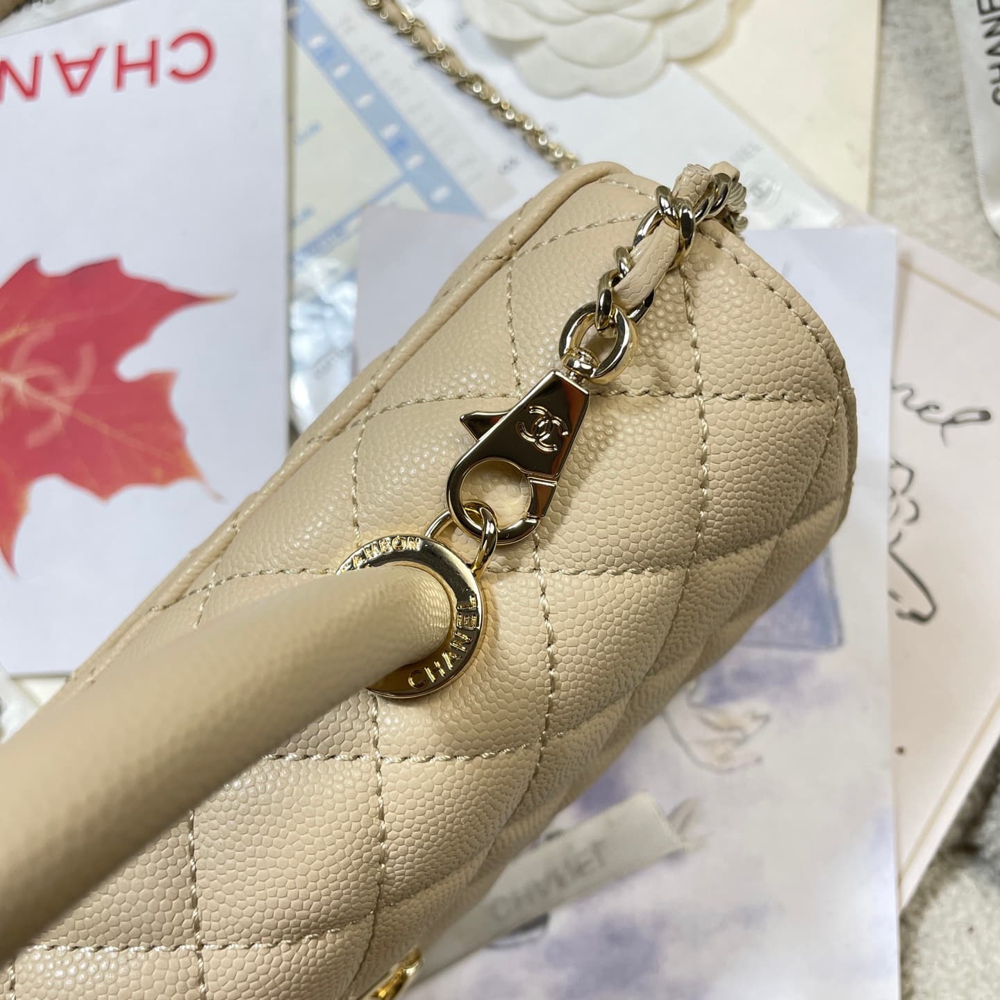 Chanel Maxi Flap Bag with Top Handle Grained Calfskin& Gold-Tone Metal AS6091 Beige A