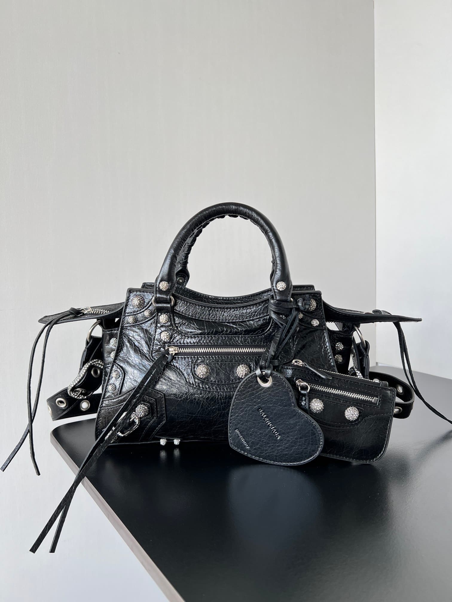 Balenciaga Small Neo Cagole City bag in Black lambskin leather with crystal rhinestones High