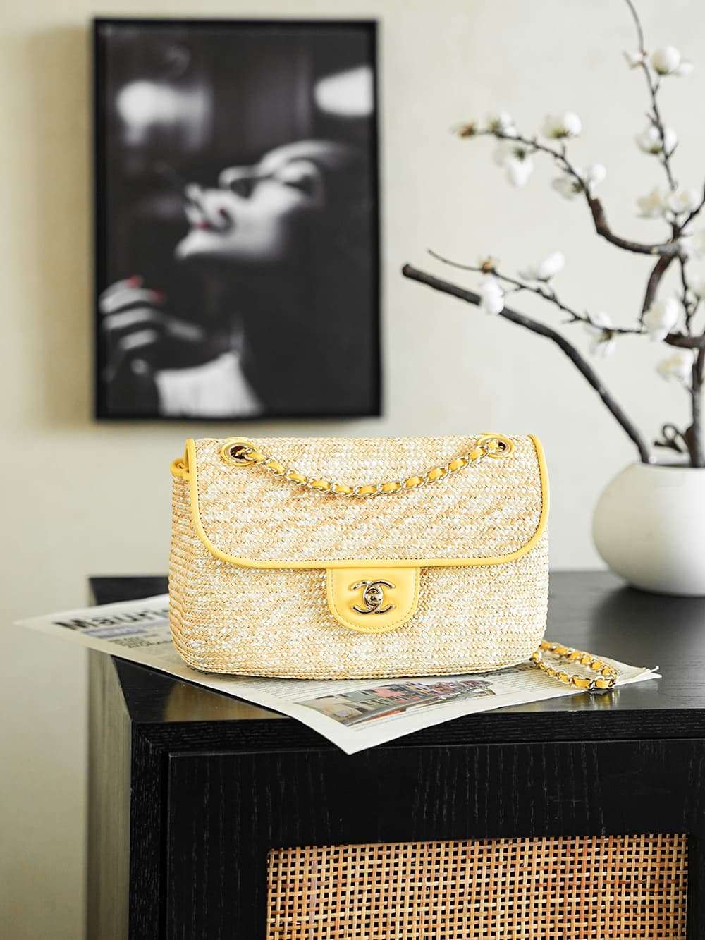 Chanel Coco Beach Small Flap Bag Braided Straw Lambskin & Gold-tone Metal AS6017 A