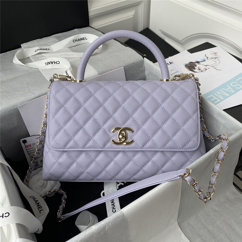 Medium FLAP BAG WITH TOP HANDLE Grained Calfskin Gold Metal Lilac A