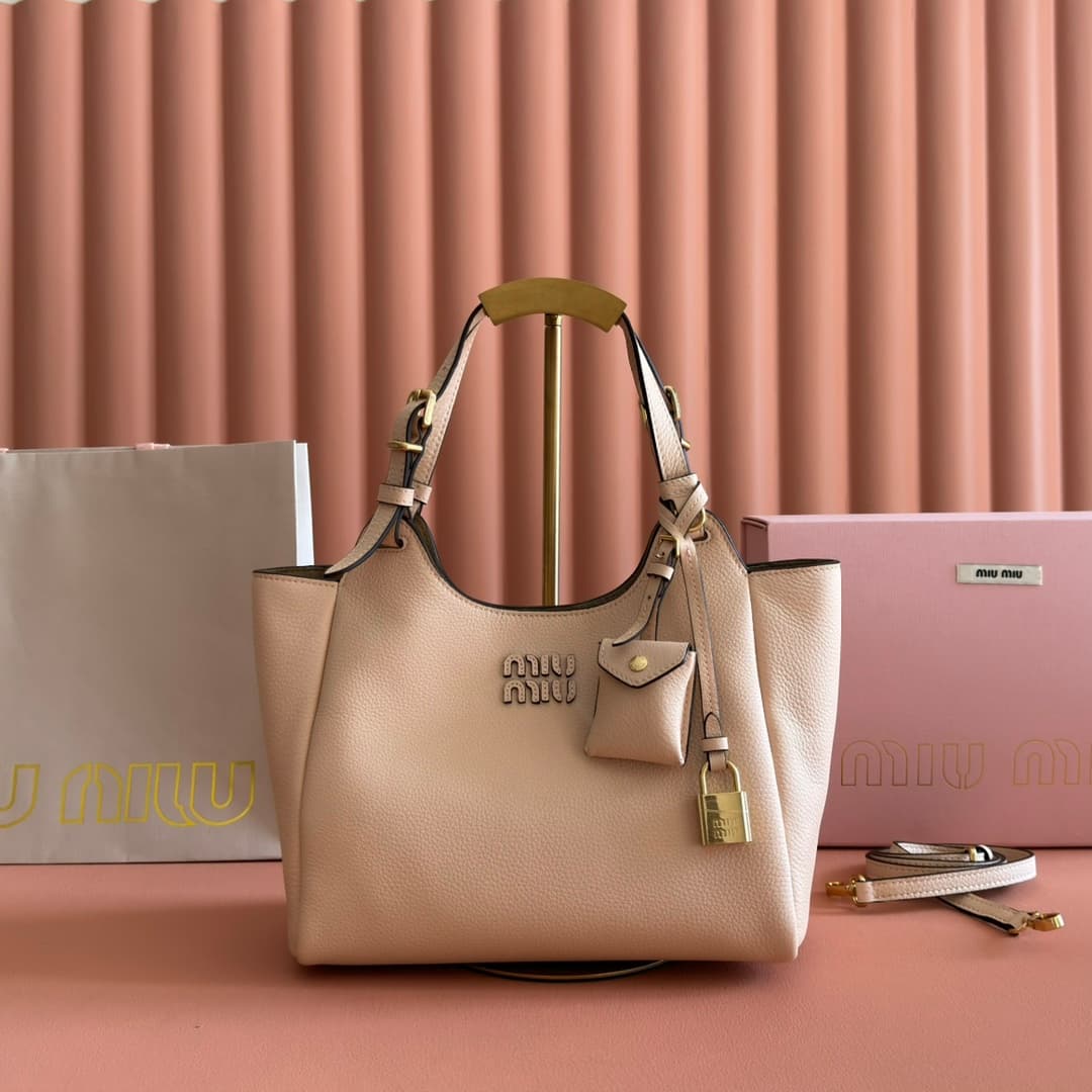 Miu Miu Milk Tea Color Hammered Leather Shoulder Bag 5ba304 High