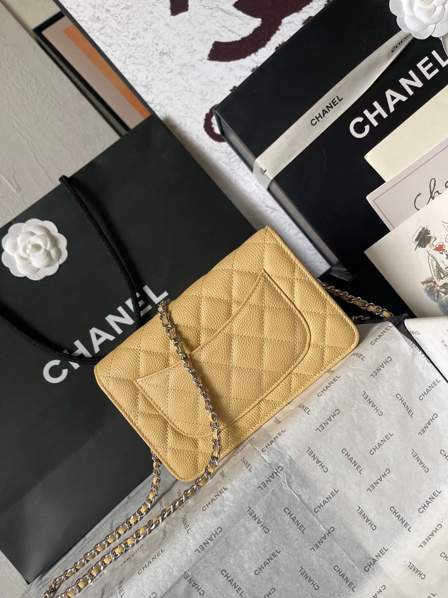 Chanel Classic Wallet on Chain Grained Shiny Calfskin & Silver-Tone Metal AP4241 Beige A