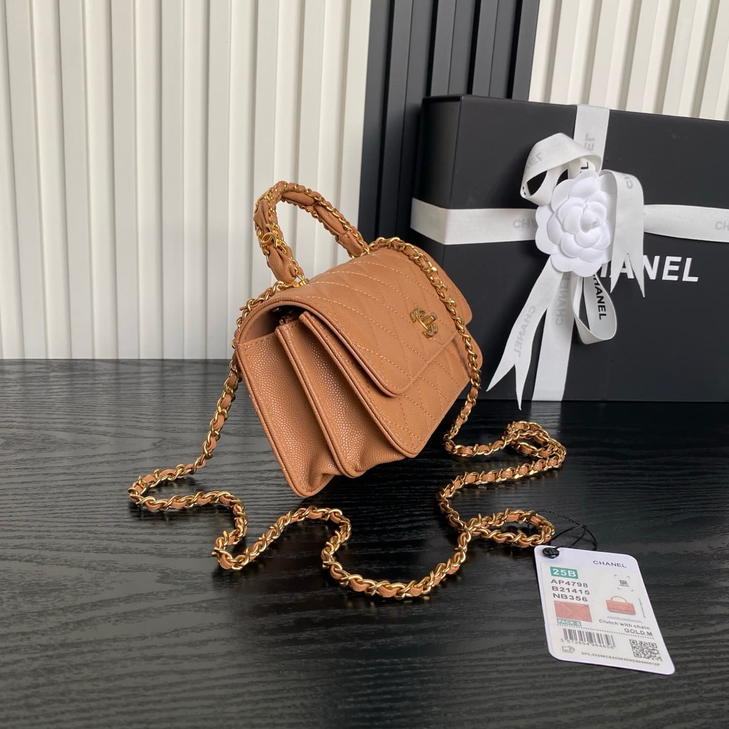 Chanel Mini Flap Bag with Top Handle Grained Shiny Calfskin & Gold-Tone Metal Tan AP4798 A