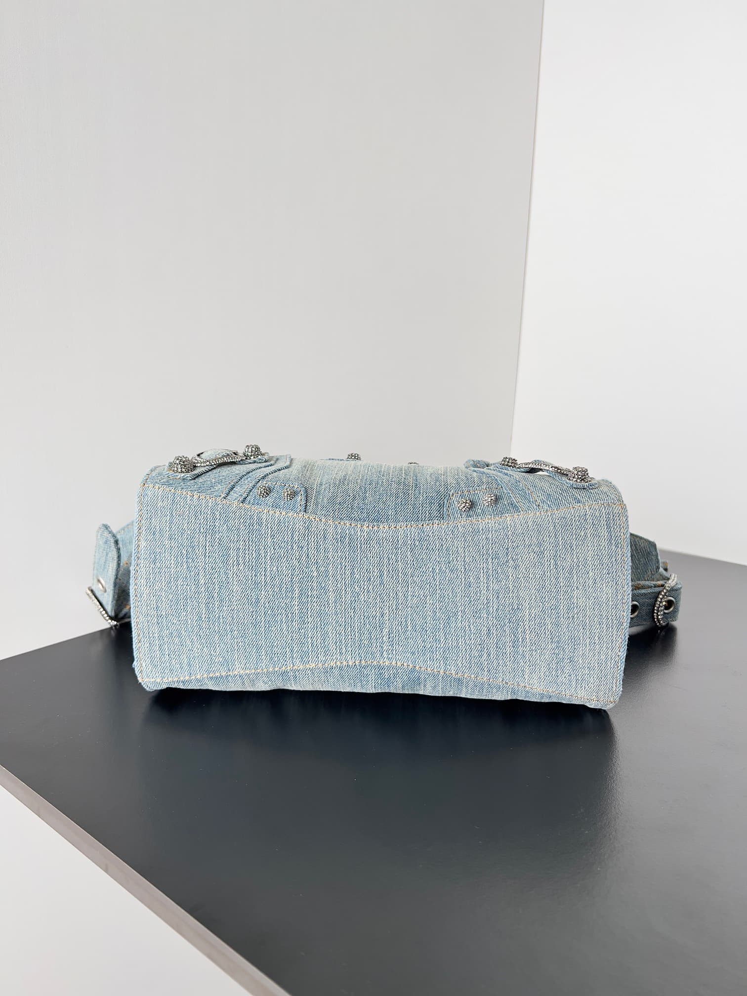 Balenciaga Small Neo Cagole City bag in Washed Frayed Denim with crystal High