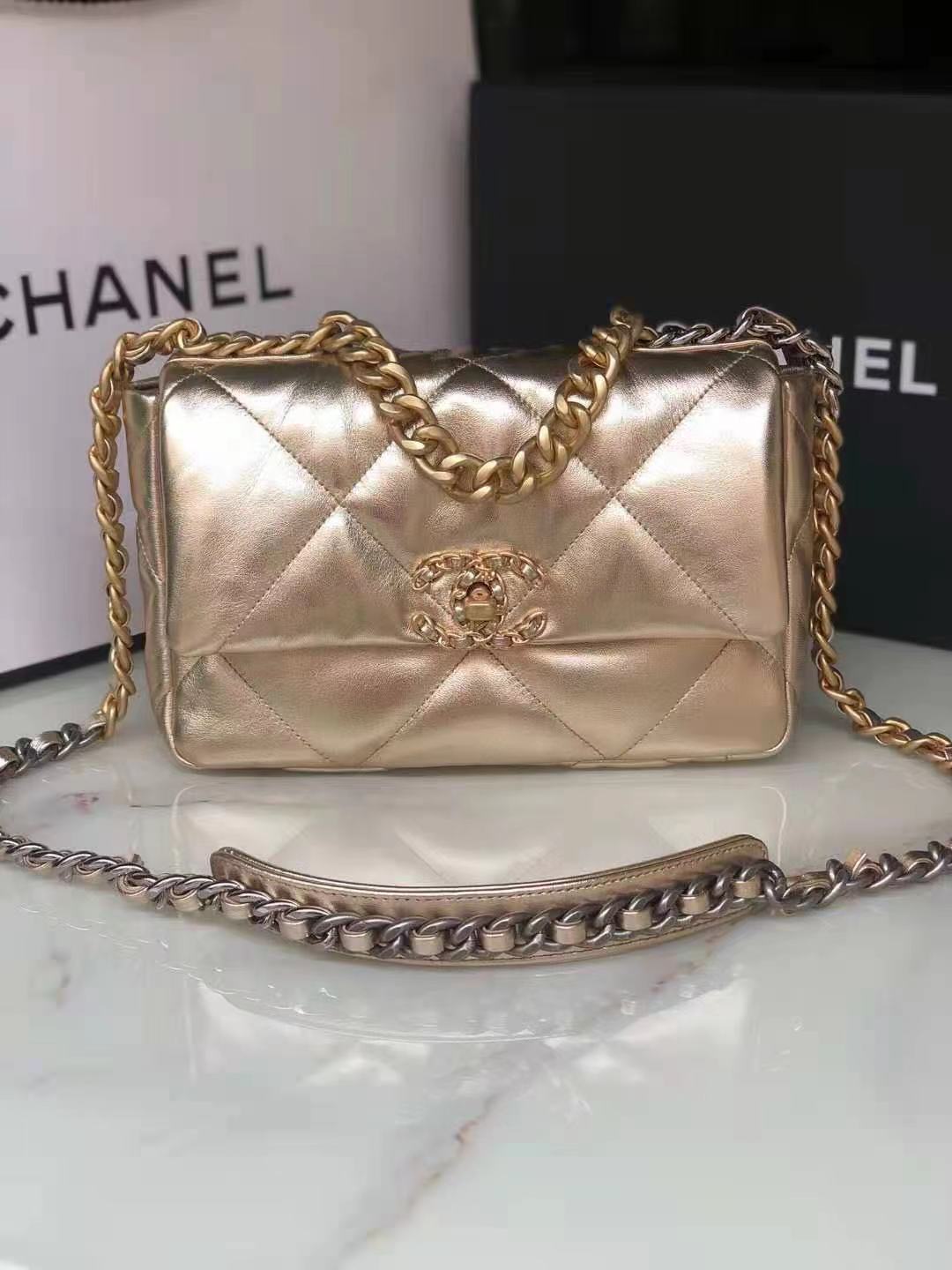 Chanel 19 Flap Bag Lambskin Champagne High