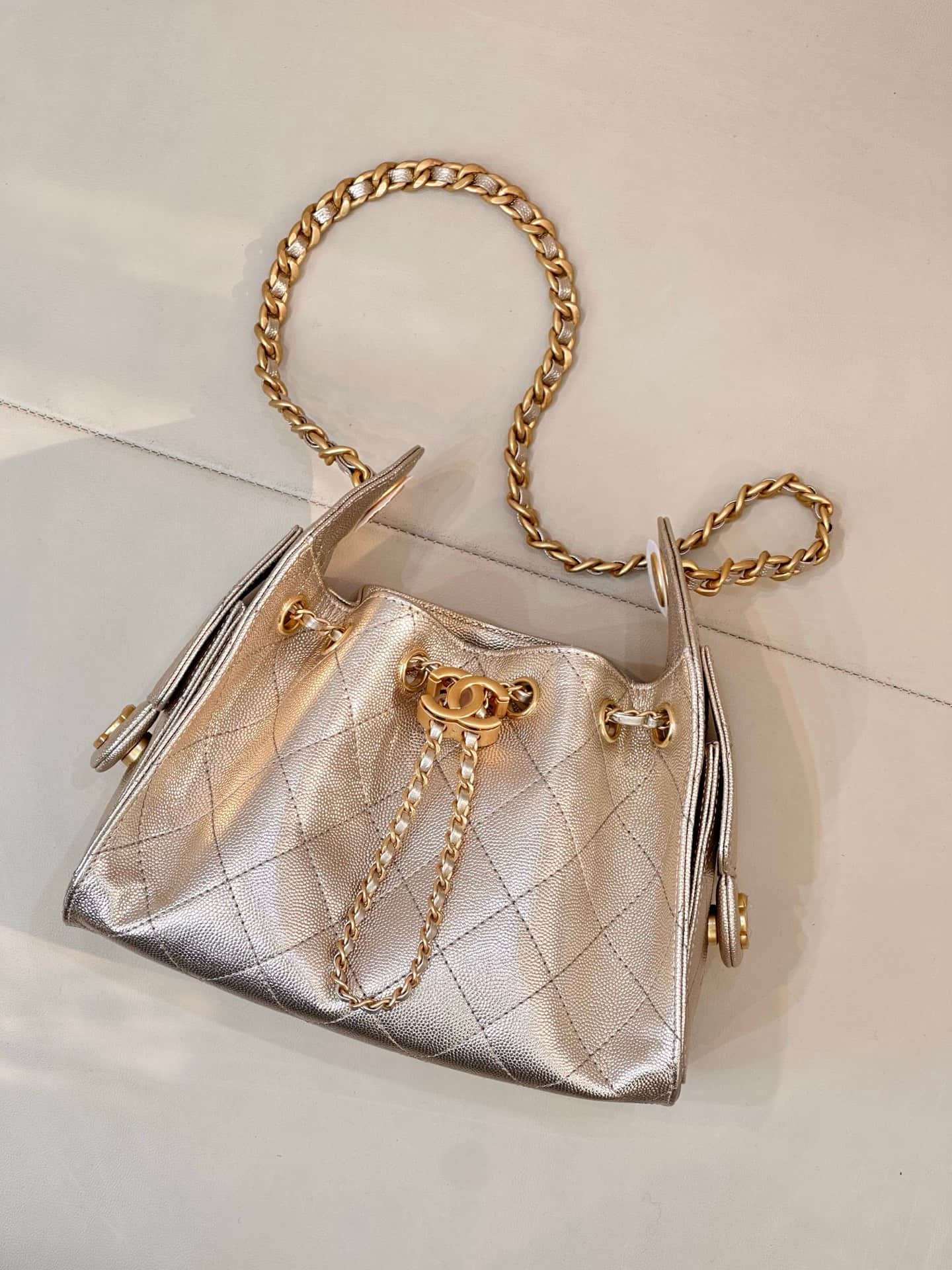 CHANEL 25 Mini Handbag AS5631 Grained Calfskin & Gold-tone Metal Champagne Gold TOP