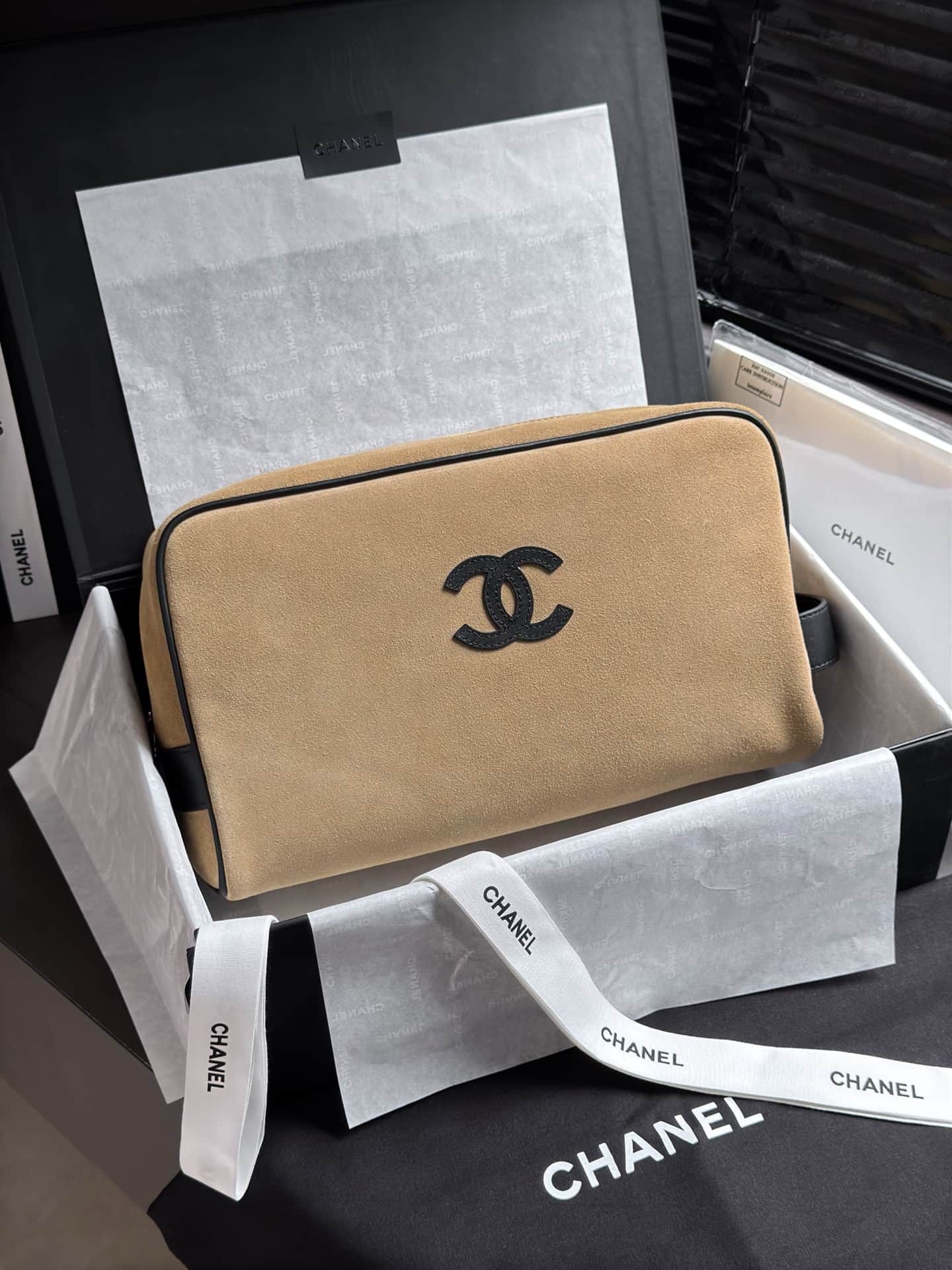 Chanel Large Zipped Pouch Suede Calfskin & Silver-Tone Metal AP5267 Beige A