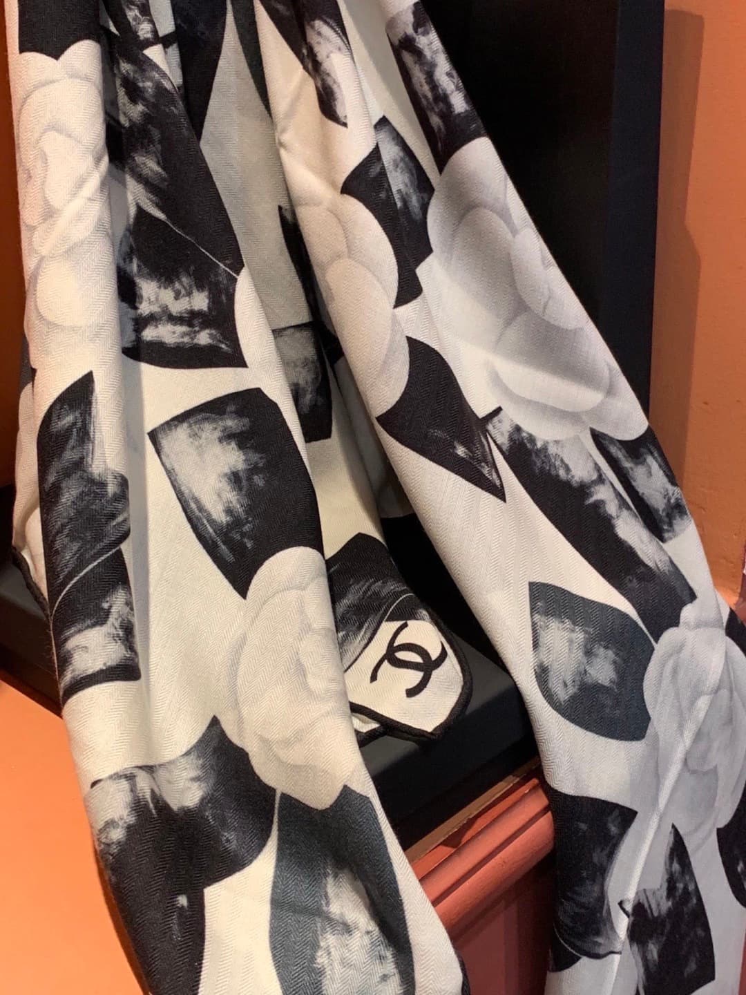 Chanel camellia and ribbon print scarf