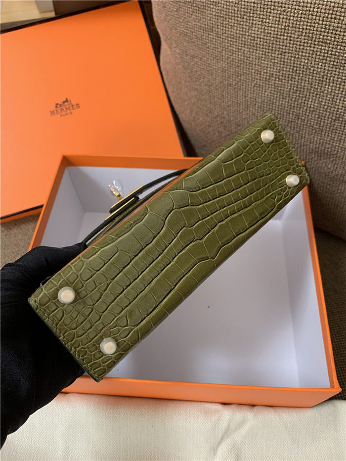 Hermes Kelly Mini II Bag Embossed Crocodile Leather WAX Silver/Gold Metal High Customizing style