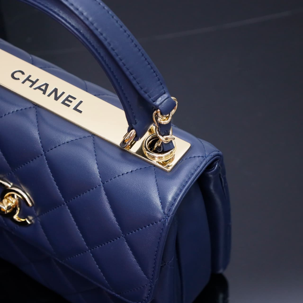 SMALL FLAP BAG WITH TOP HANDLE Lambskin Gold Metal Dark Blue A