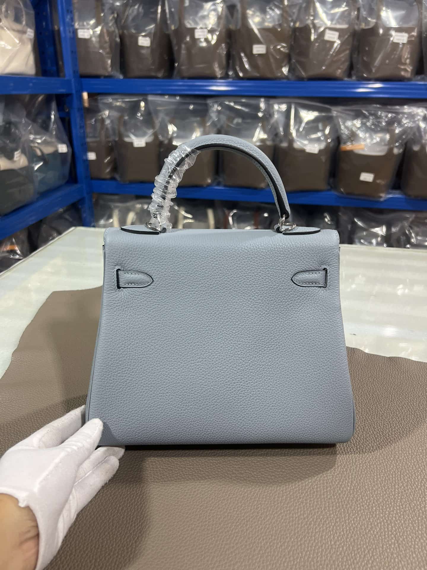 Hermes Kelly 25/28/32cm Retourne Bag Togo Leather In Grey-Blue WAX High