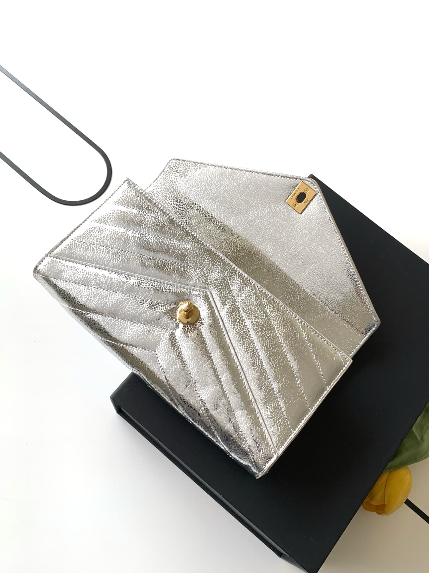 Chanel Flap Bag with Top Handle Metallic Chevron Calfskin Leather Finish& Gold-Tone Metal Silver AS6044 A