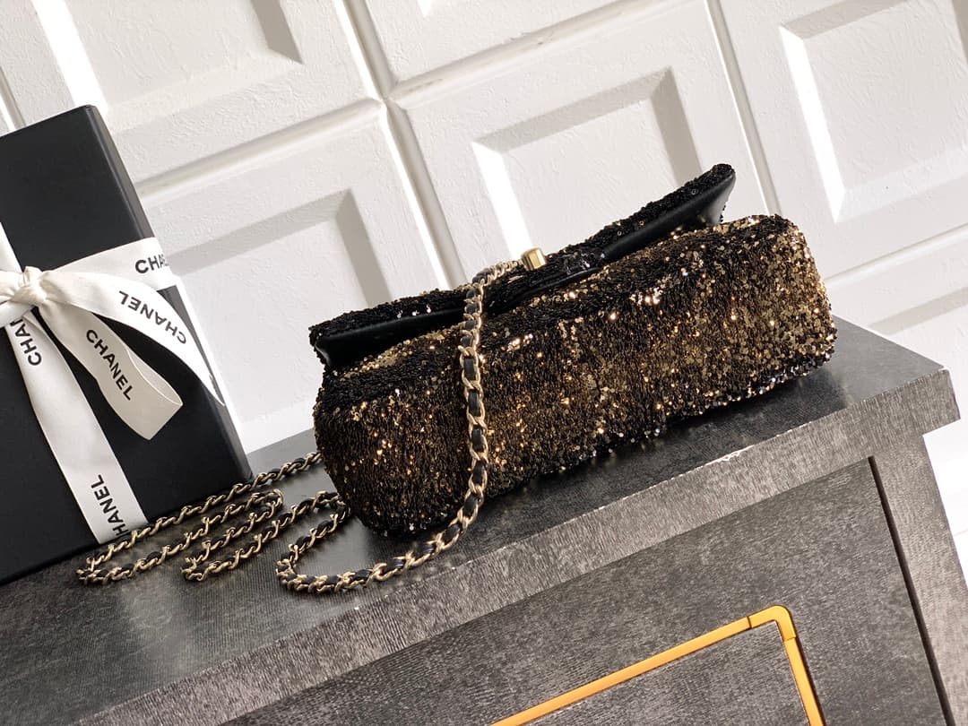 Chanel Classic Mini Flap Bag Sequin Embroidery & Gold-Tone Metal Dark Gold 6171 A