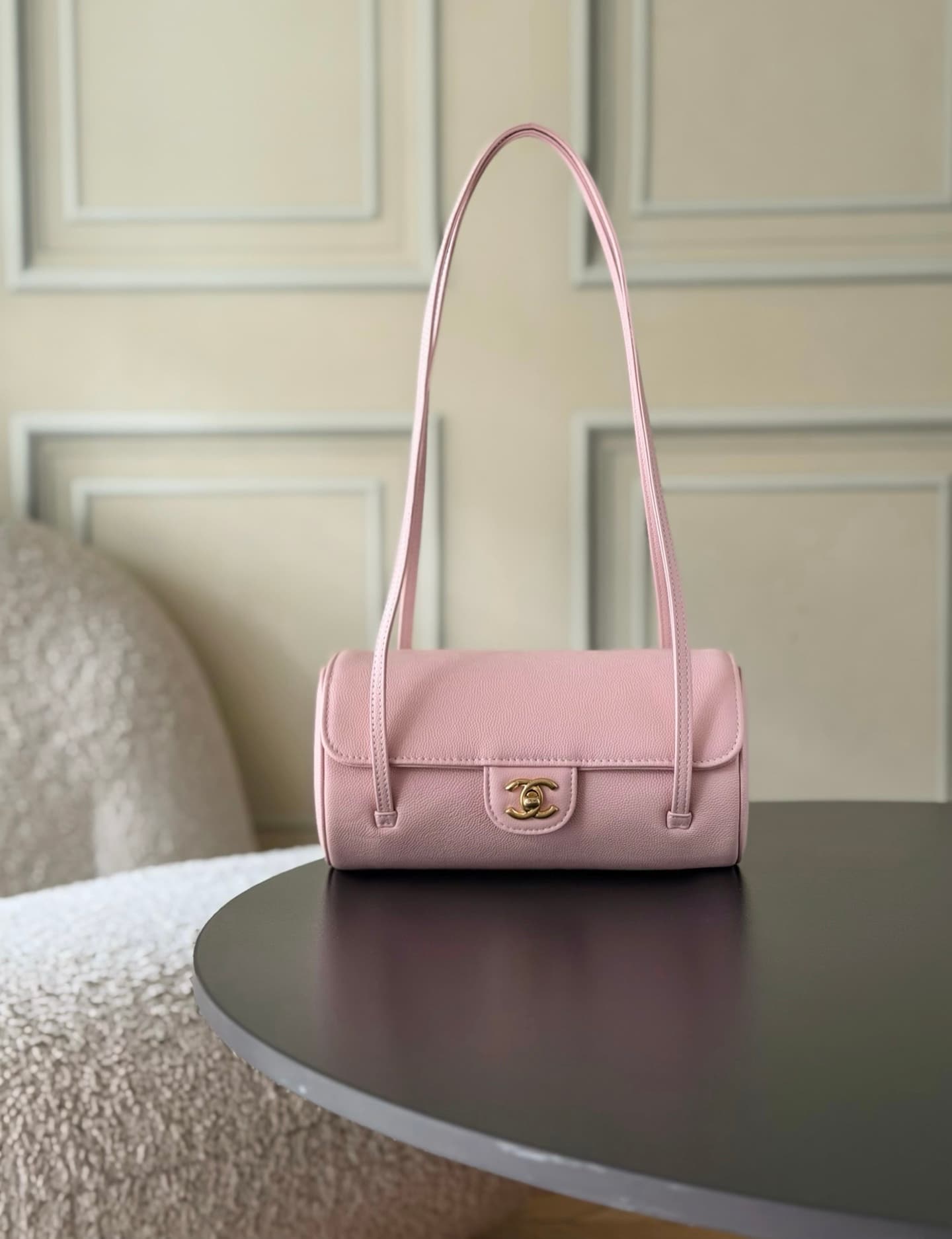 Chanel Small Bowling Bag Grained Shiny Calfskin & Gold-Tone Metal AS6143 Pink High