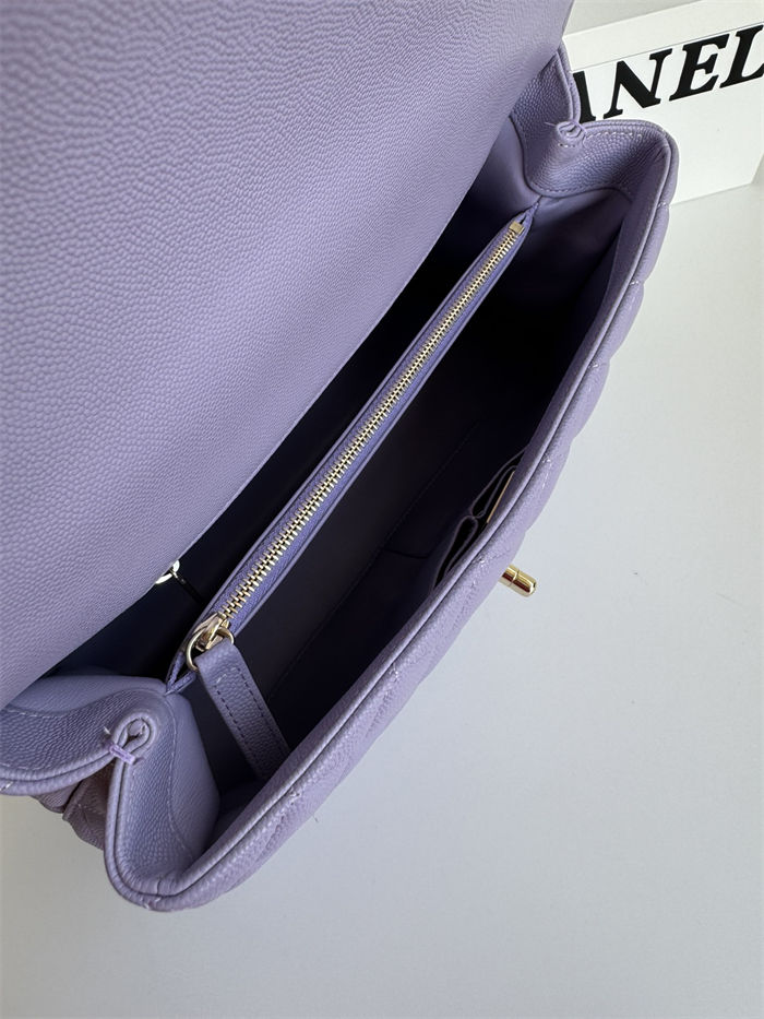 Medium FLAP BAG WITH TOP HANDLE Grained Calfskin Purple-binding Gold Metal High