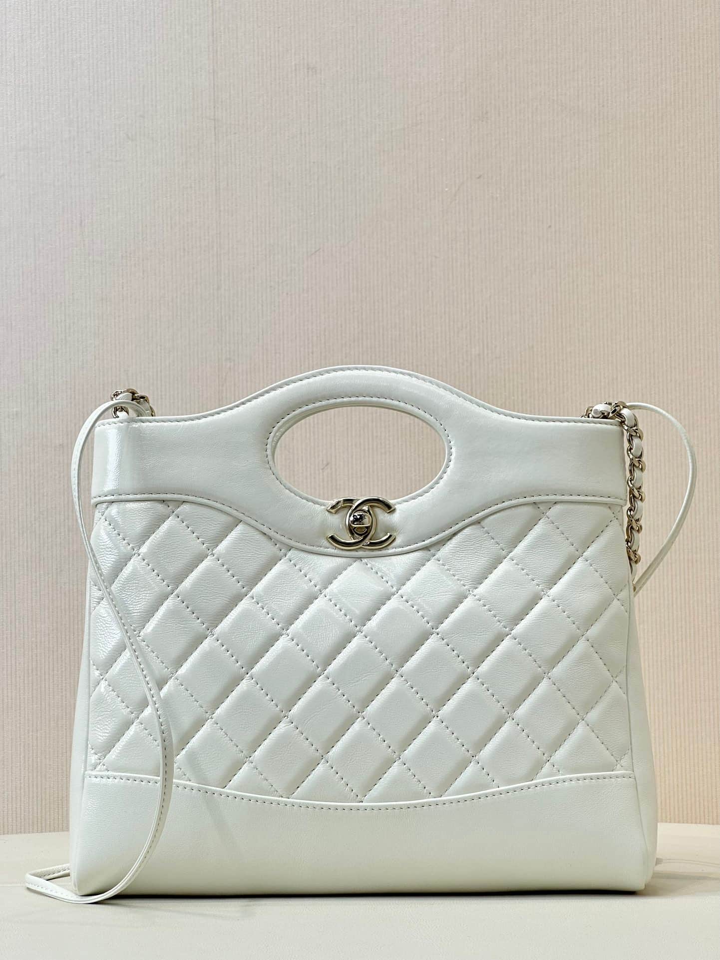 CHANEL 31 Mini Shopping Bag Shiny Calfskin & Gold-Tone Metal AS4133 White TOP